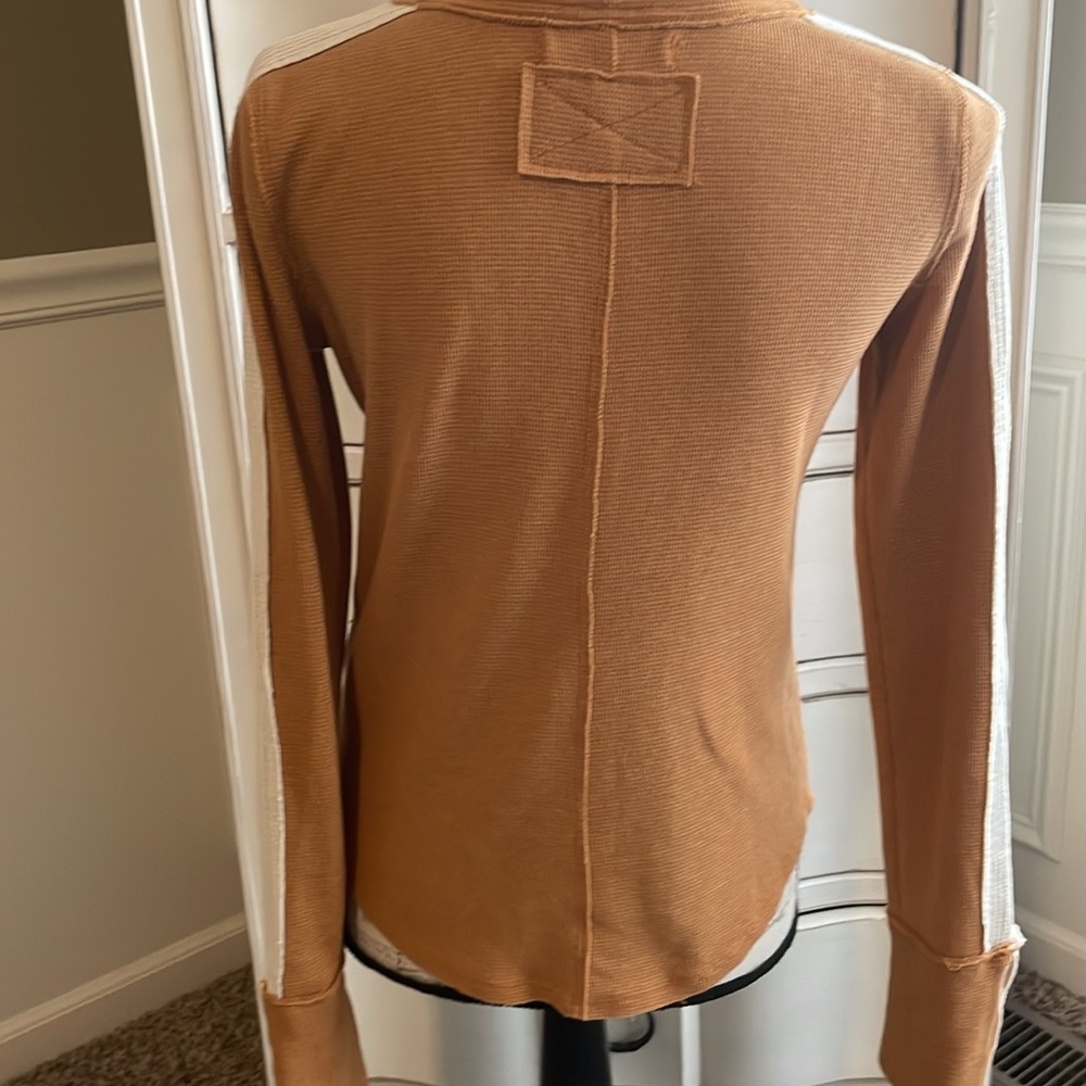 We the Free Free People Tasha Thermal Ochre Combo Waffle Knit Snap Cuff Top - Picture 9 of 12